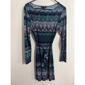 Banana Republic Dress Women Medium Teal Navy Printed Long Sleeve Tie Waist